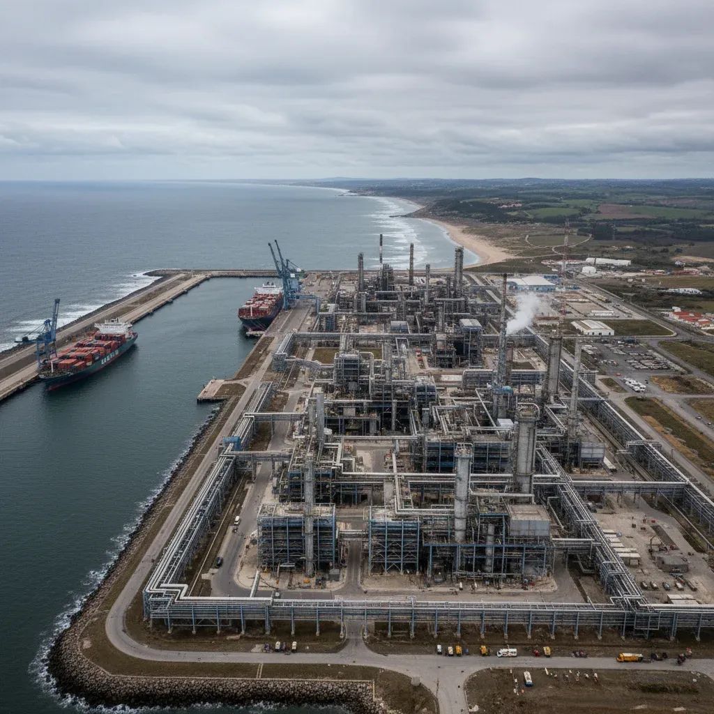 Industrial refinery complex with towers and processing equipment at Sines port facility in southern Portugal