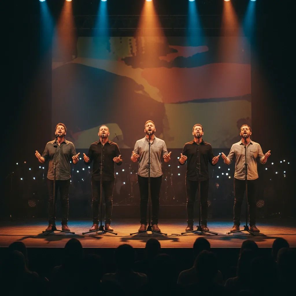 Five male musicians performing on stage with concert lighting during Portugal's Eurovision selection event