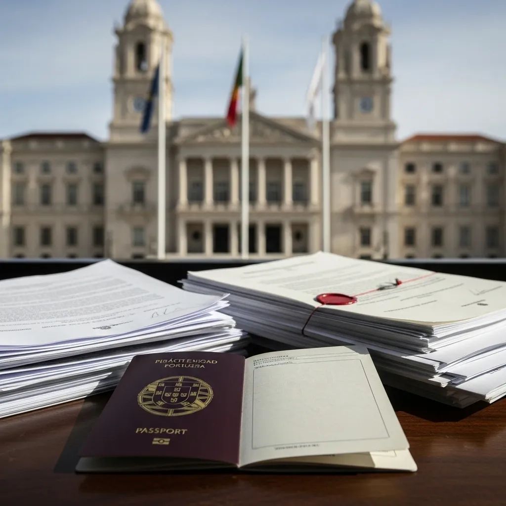 Portuguese passport and legal documents on a desk with Parliament building in background