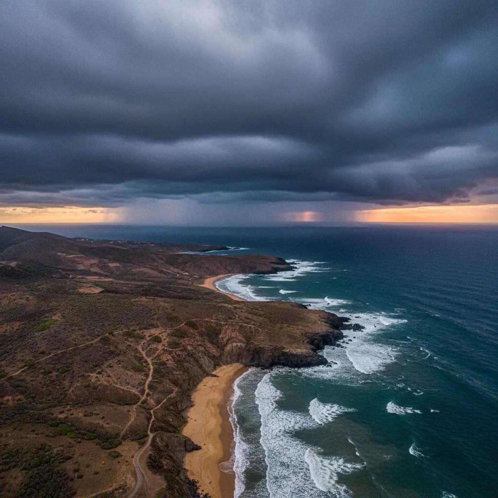 Aerial view of Porto Santo island showing storm clouds gathering over Madeira's coastal landscape
