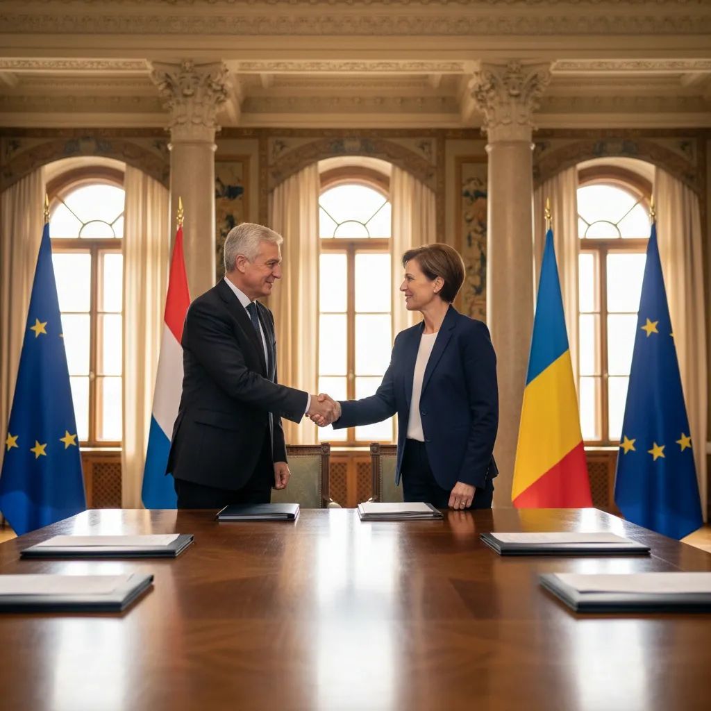 Portuguese and Italian officials in formal diplomatic meeting setting with EU institutional backdrop
