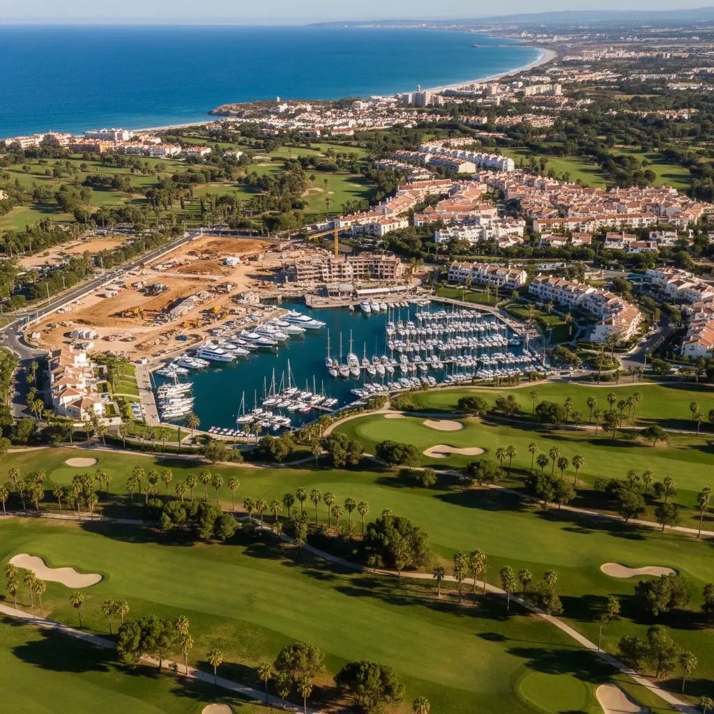 Aerial shot of Vilamoura marina and golf resort redevelopment illustrating Arrow Global's €280M Algarve investment