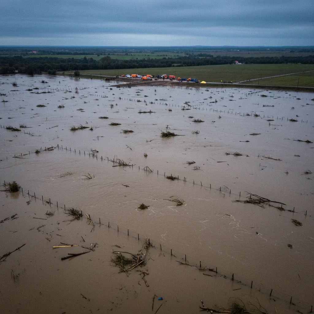 Aerial view of a flood-damaged rural area in Portugal after a winter storm