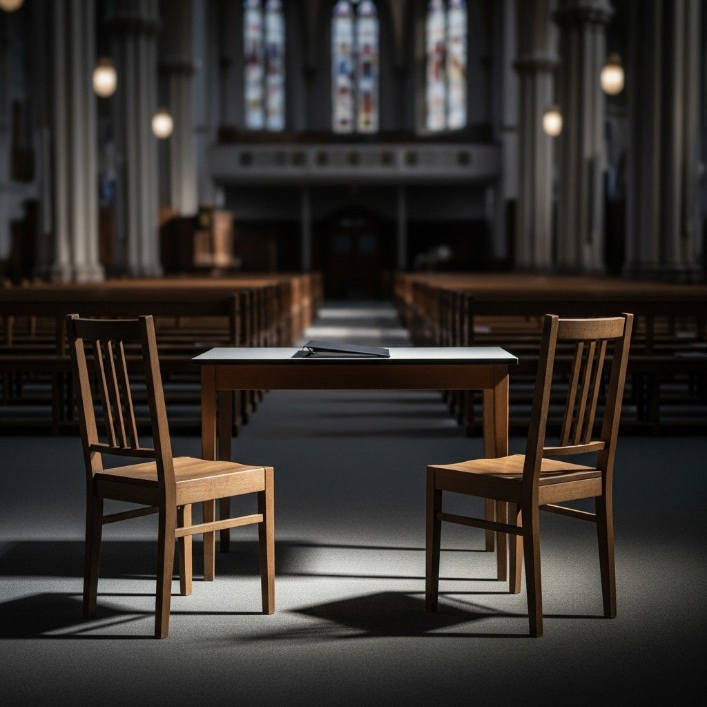Empty church interview room with two chairs and a closed file on a table under dim lighting