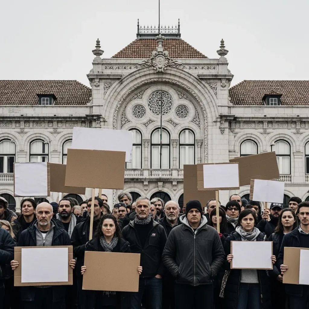 Striking workers holding protest signs outside a government building in Portugal