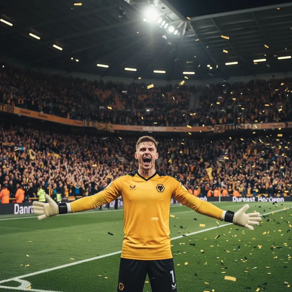 Goalkeeper celebrating at Wolverhampton stadium during match victory