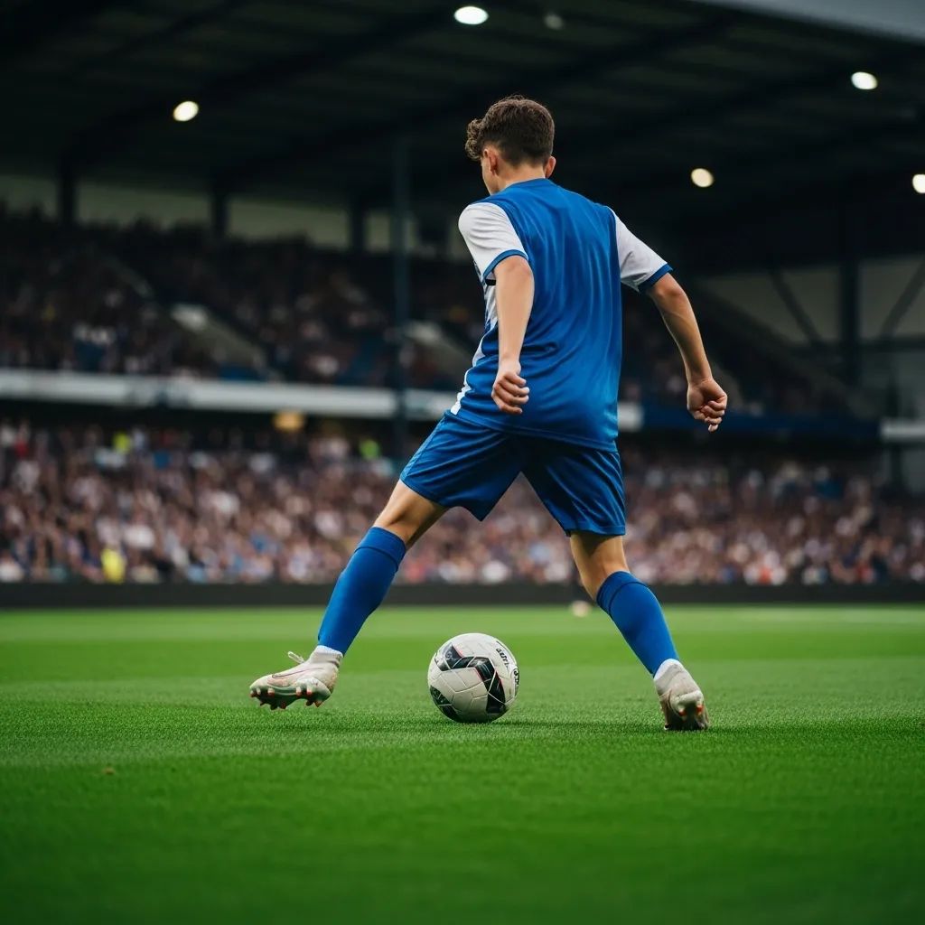 Teenage footballer in blue-and-white kit dribbling on a stadium pitch