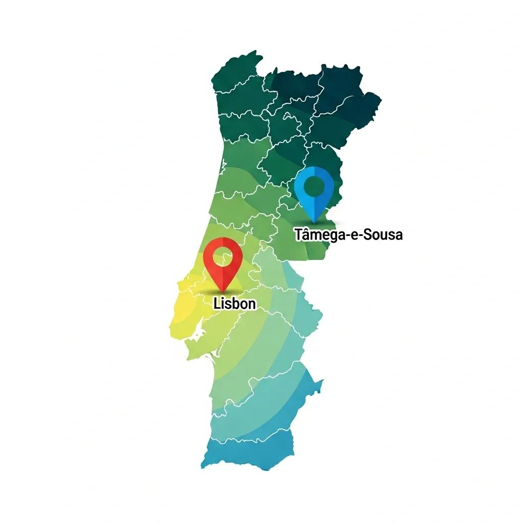 Infographic map of Portugal illustrating regional purchasing power disparities