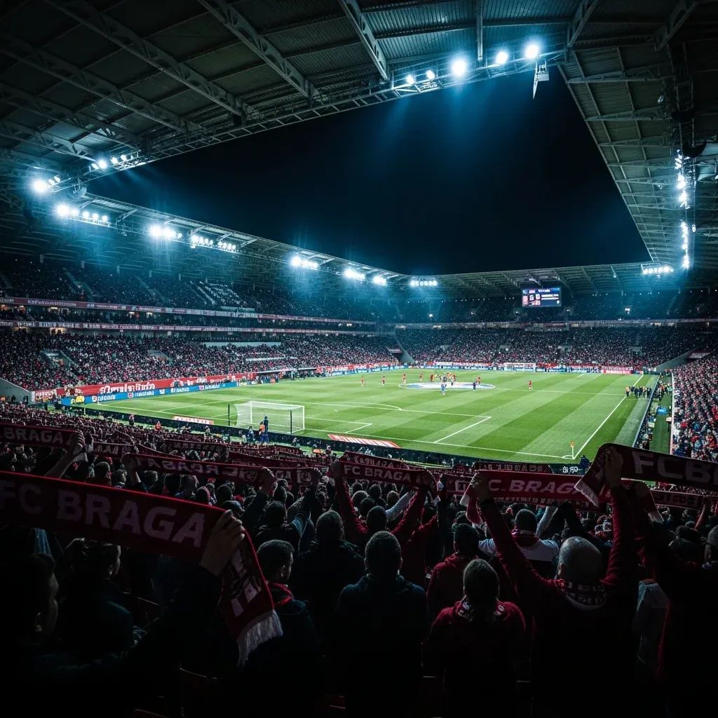 Night view of Braga Municipal stadium lit for a football match with fans in red and white scarves