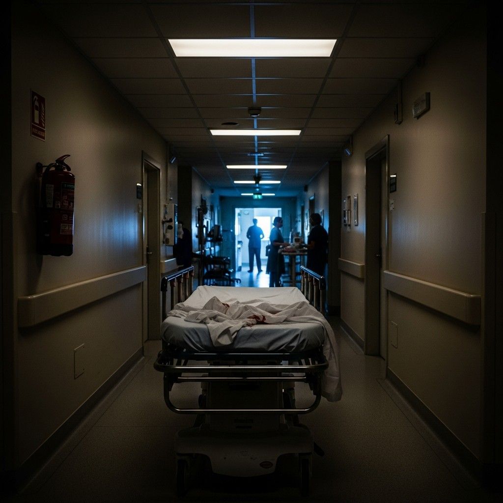 Empty hospital emergency corridor with gurney and distant staff silhouettes