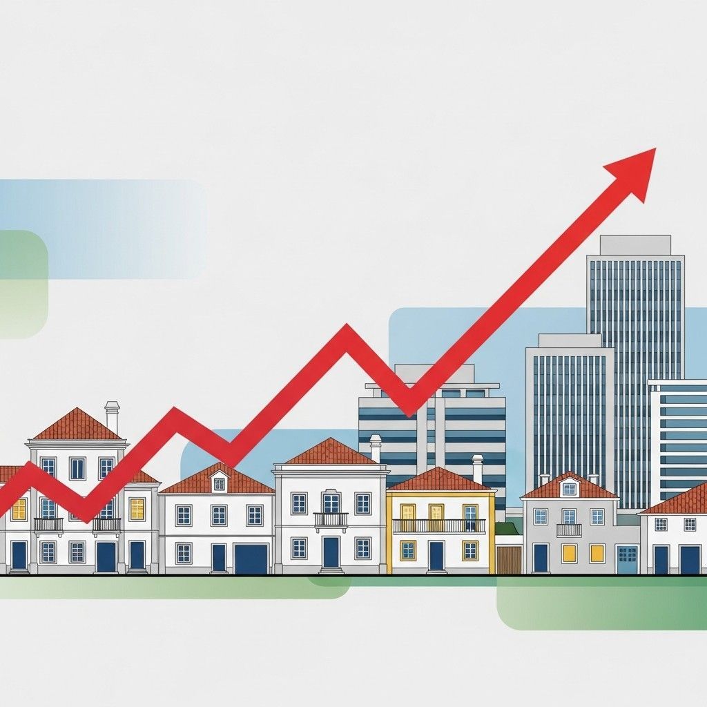 Illustration of Portuguese houses and offices with a rising arrow symbolizing a municipal tax increase