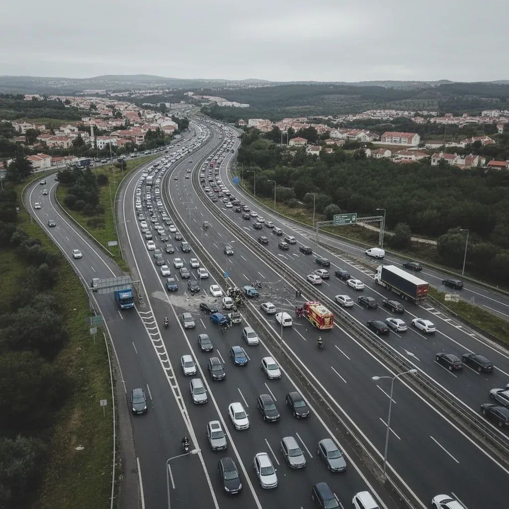 Emergency response vehicles at accident scene on IC19 highway with traffic backed up during morning commute