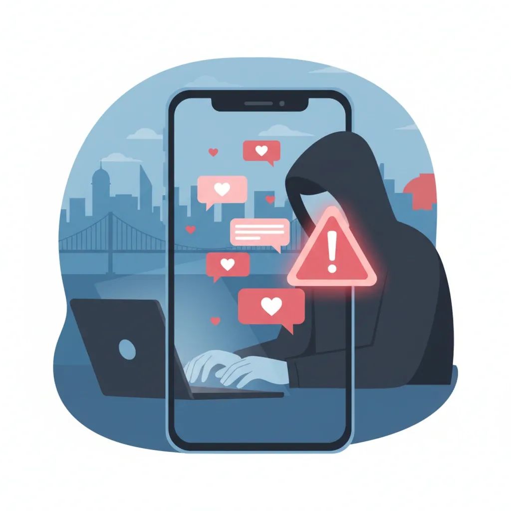 Illustration of hooded figure at laptop behind smartphone with heart chats and alert icon, warning of AI romance scams in Portugal