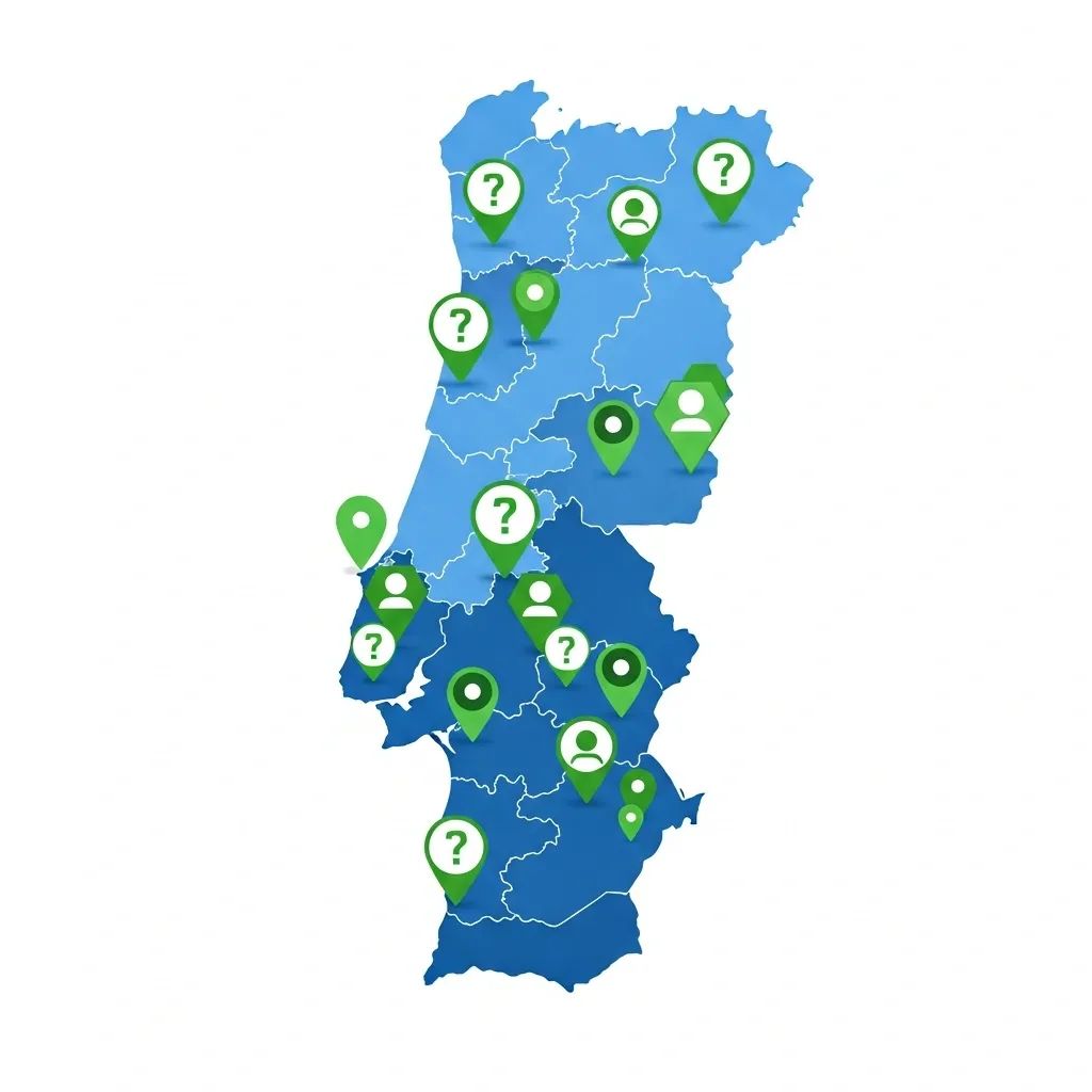 Map of Portugal with pins and abstract voter icons illustrating undecided electorate