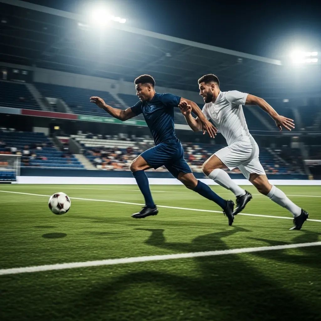Football players sprinting down the wing in a modern stadium under floodlights