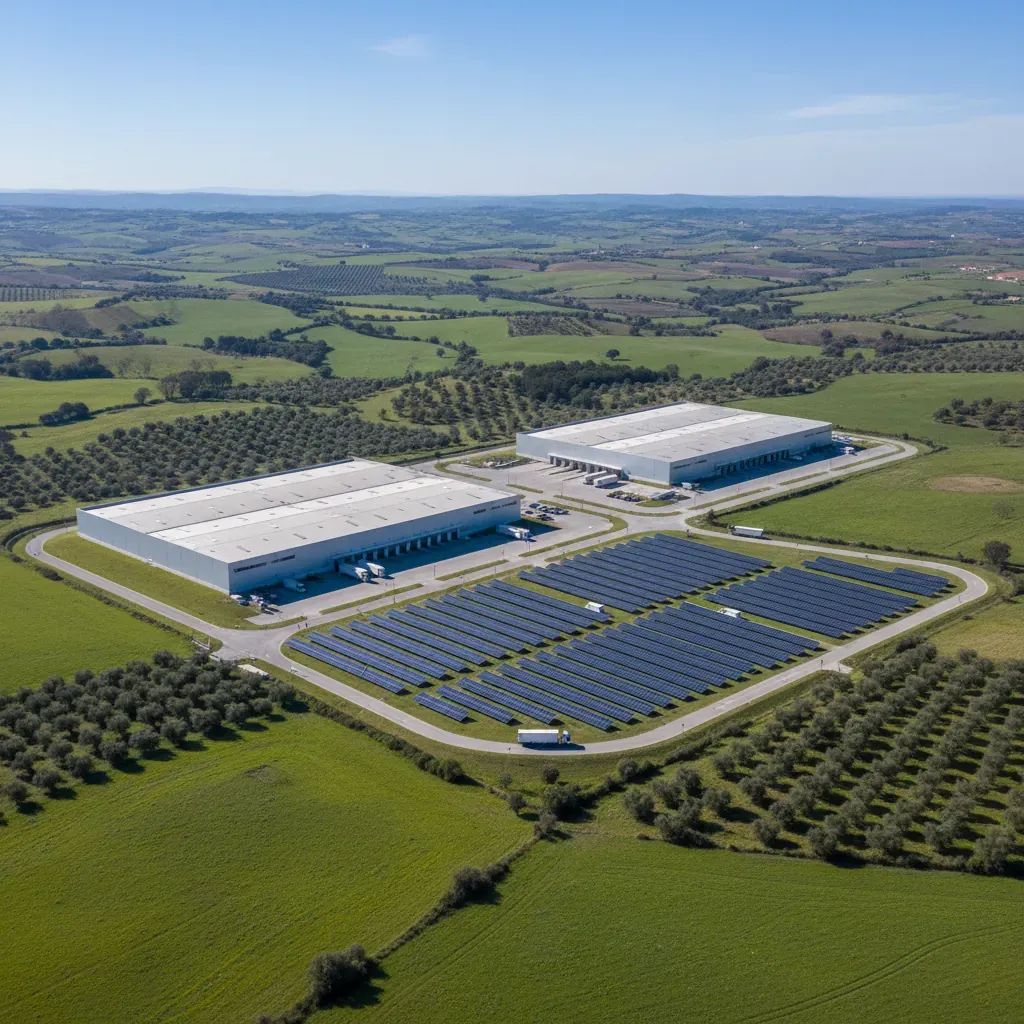 Aerial view of a sustainable industrial park with warehouses, solar panels and green fields