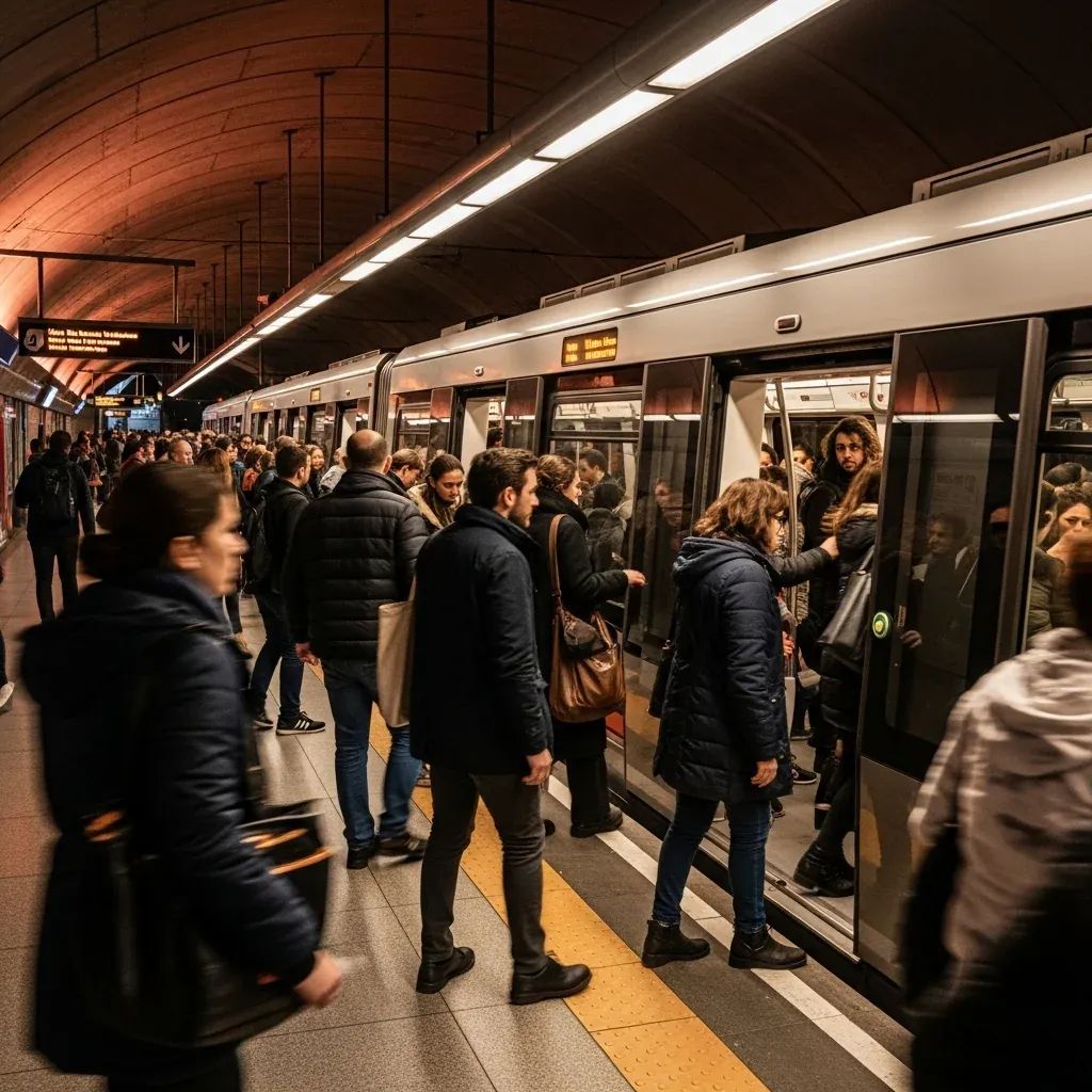 Crowded Metro do Porto platform with passengers boarding a light rail train