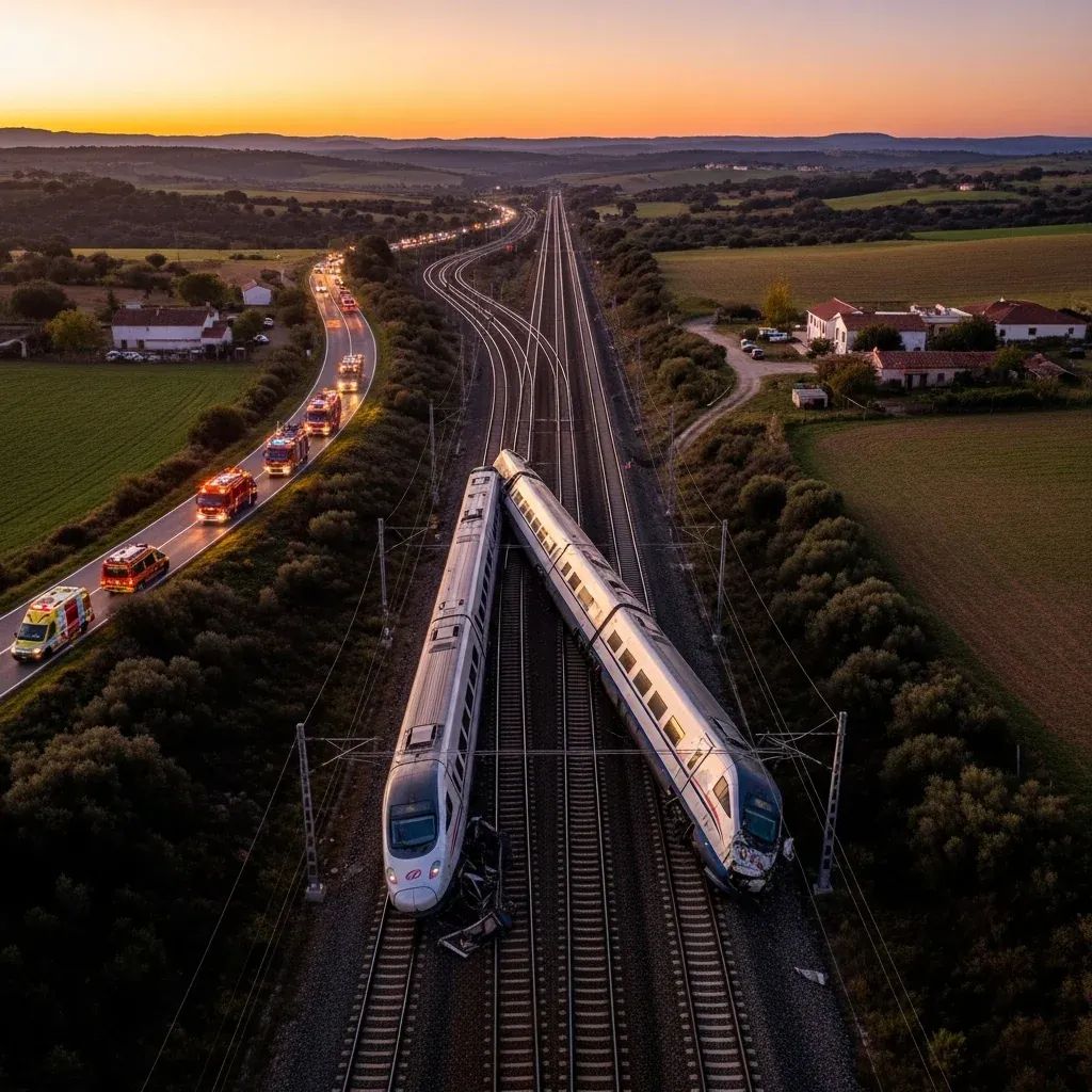 Aerial view of derailed high-speed trains near a switch with emergency responders in rural Spain
