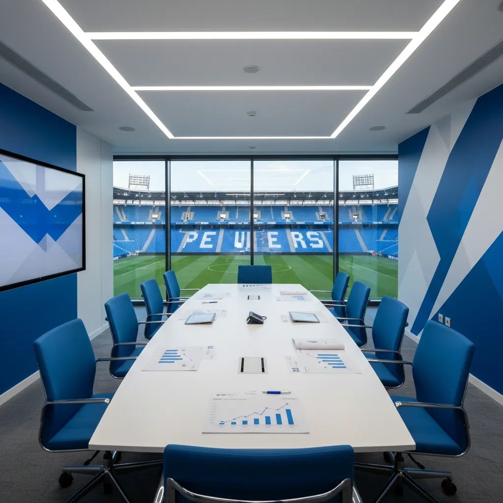 FC Porto executive boardroom with financial documents and modern stadium backdrop representing club's turnaround and sports management