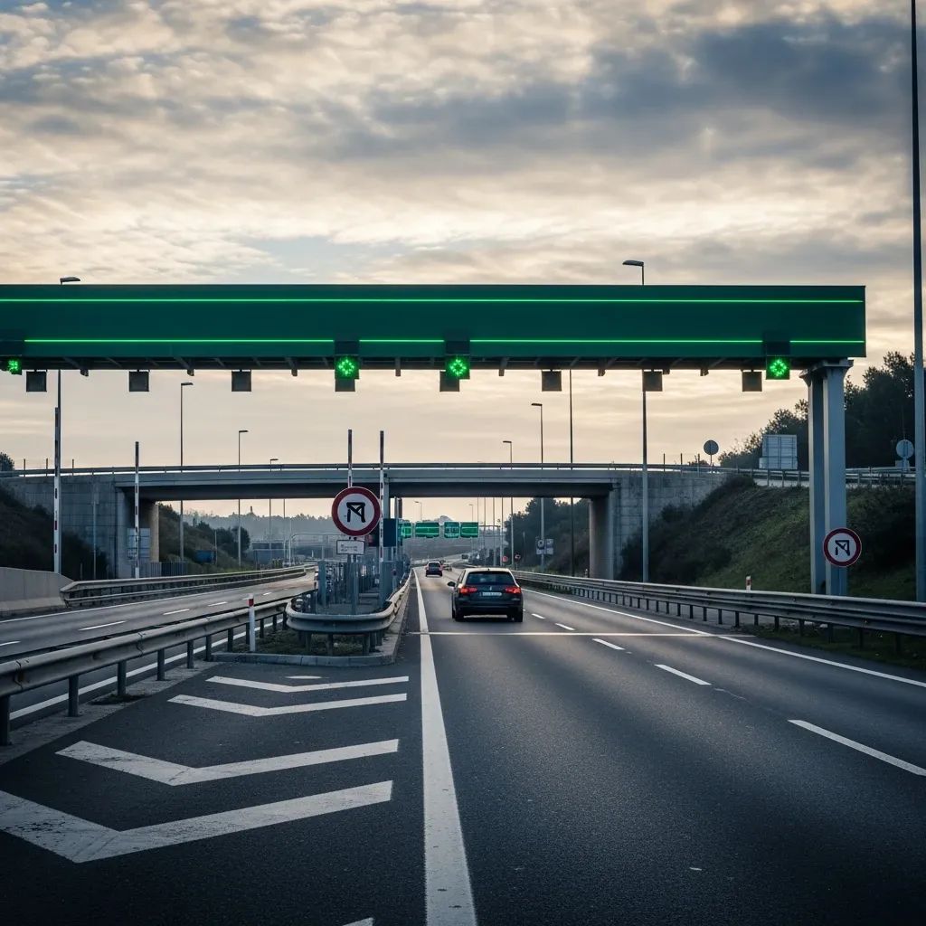 Toll gantry on the IC32 near Almada with a commuter car passing underneath
