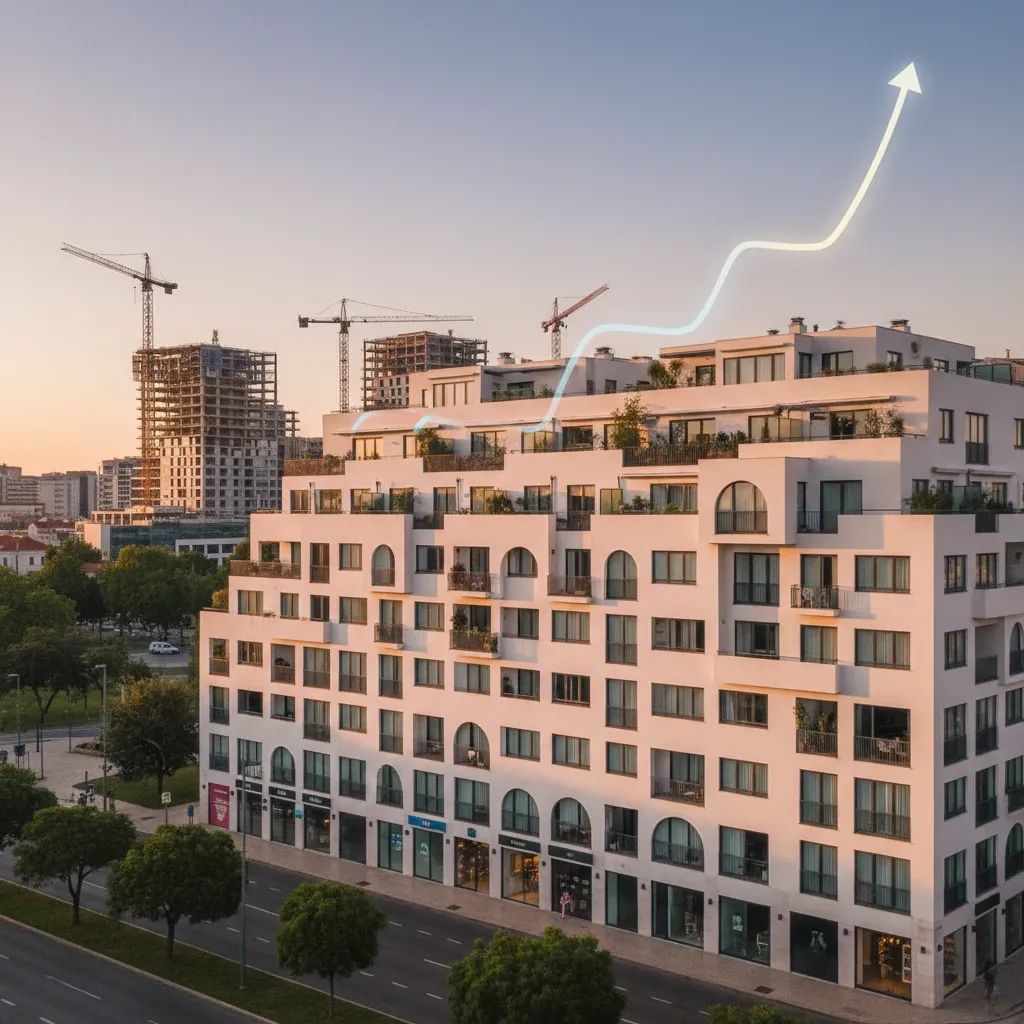 Portuguese residential buildings with construction cranes, symbolizing rising housing prices and development in urban areas