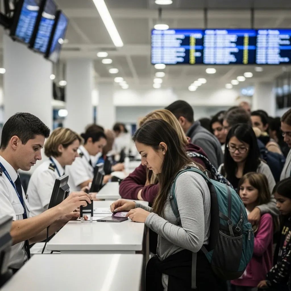 Travellers queuing at Lisbon airport immigration desk for manual passport stamping