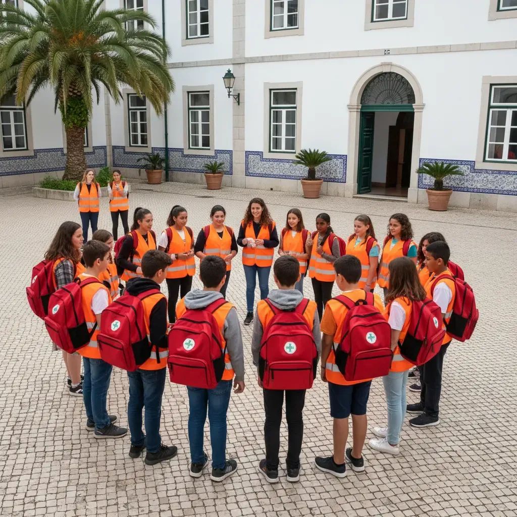 Students in emergency training uniforms practicing safety skills during Civil Protection Club outdoor training session