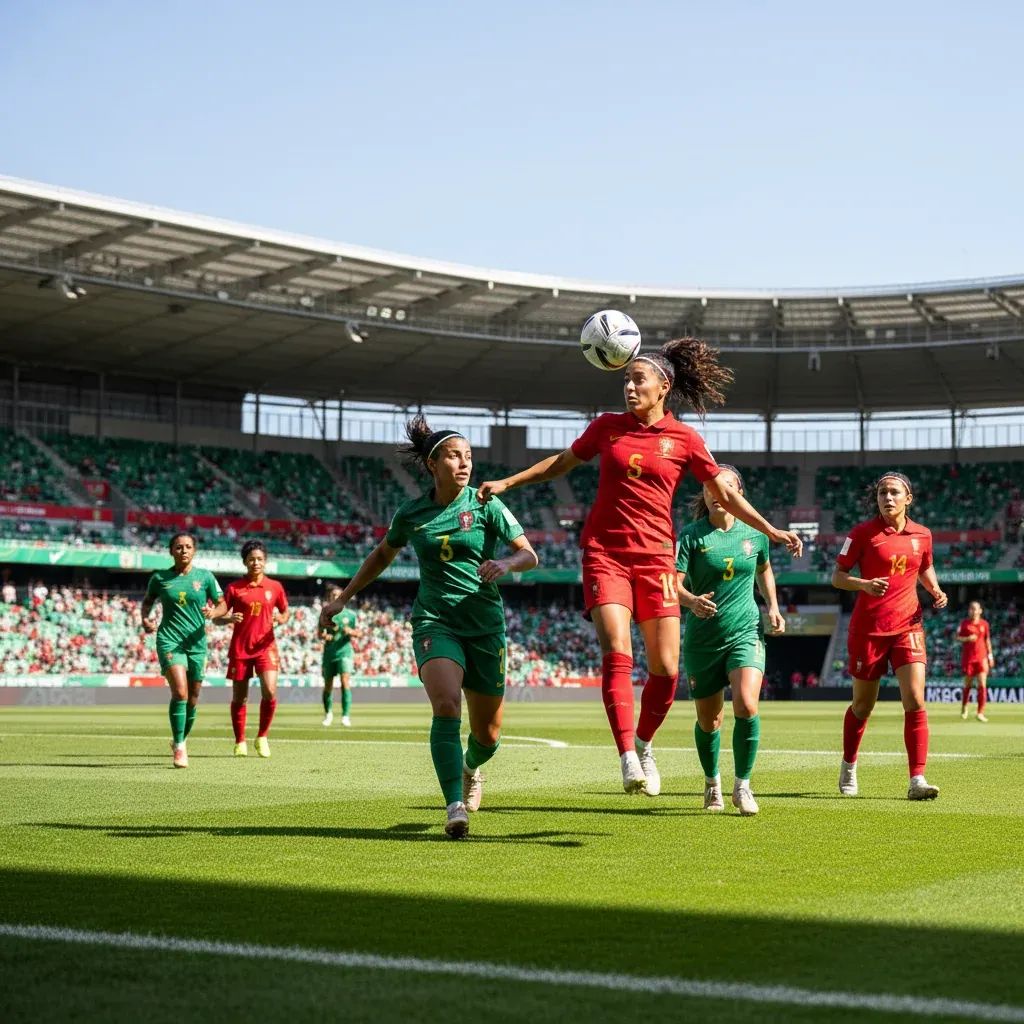 Portuguese women's football players competing on stadium field during World Cup qualifier match