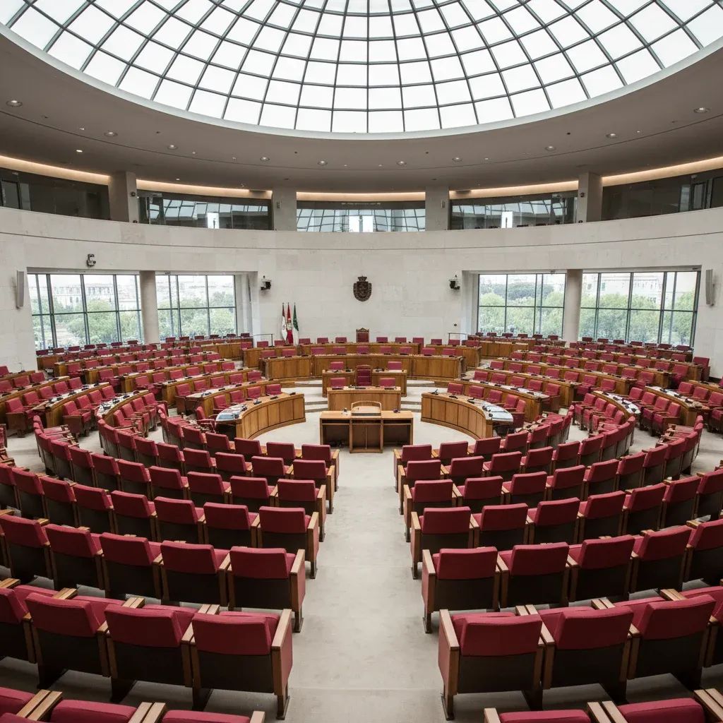 Empty legislative chamber in Portugal's Parliament symbolizing judicial appointment delays