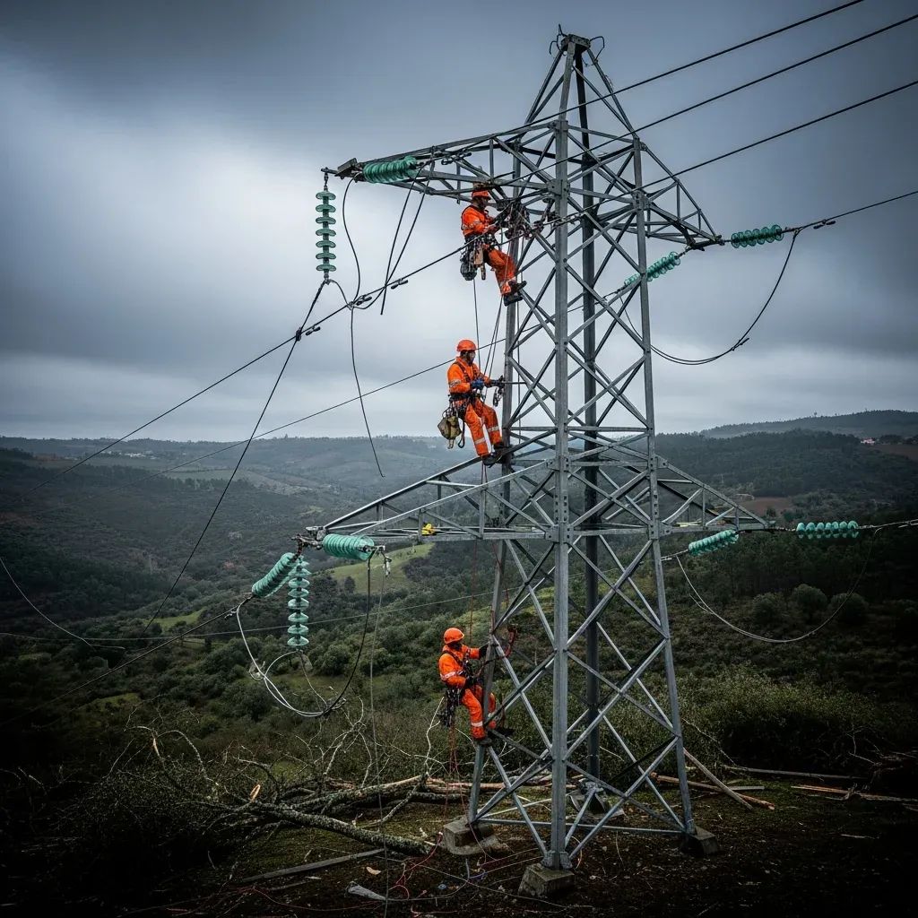 Repair workers fixing a damaged electricity pylon in rural Portugal after Storm Kristin