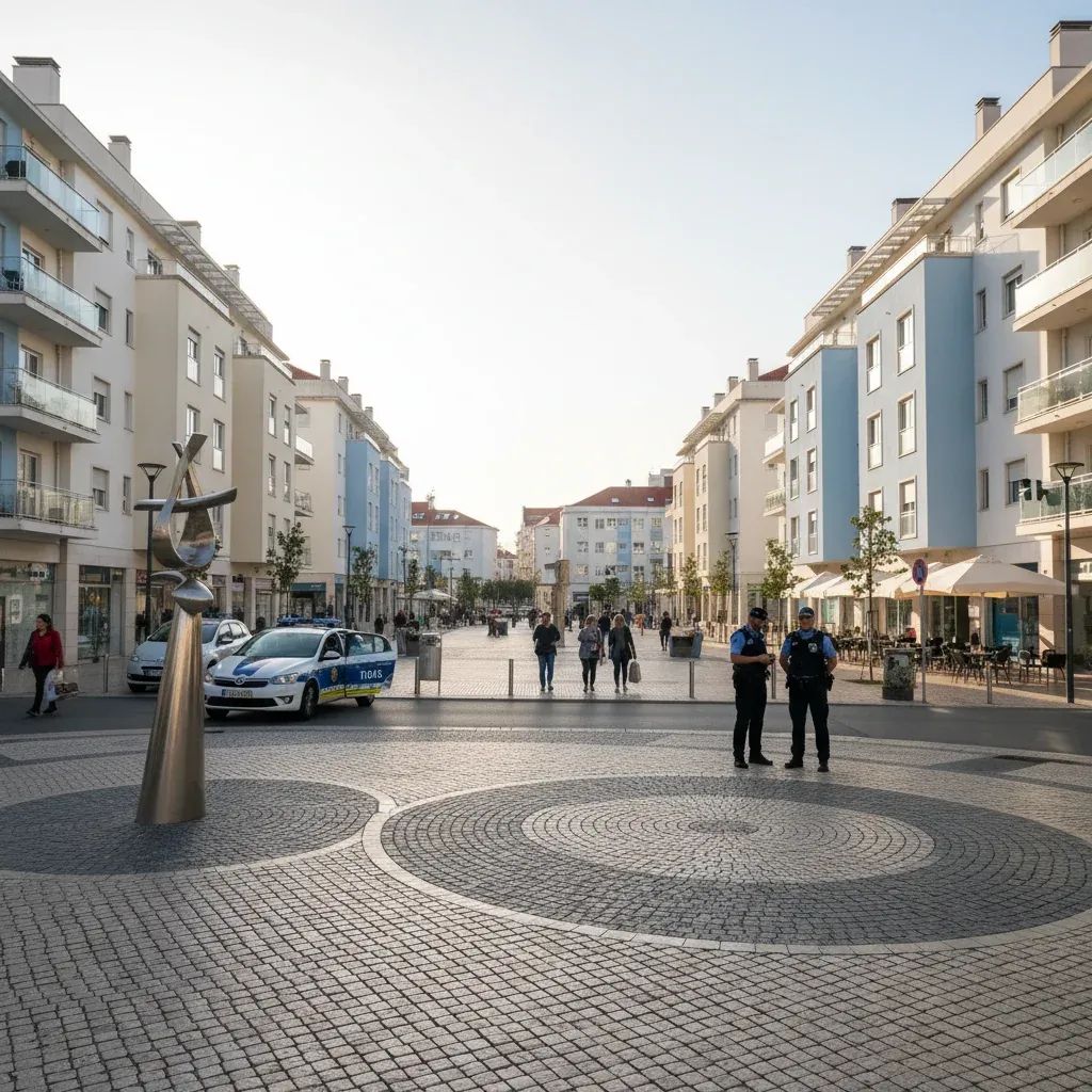 Daytime street view of Seixal residential area with pedestrians and apartment buildings in background