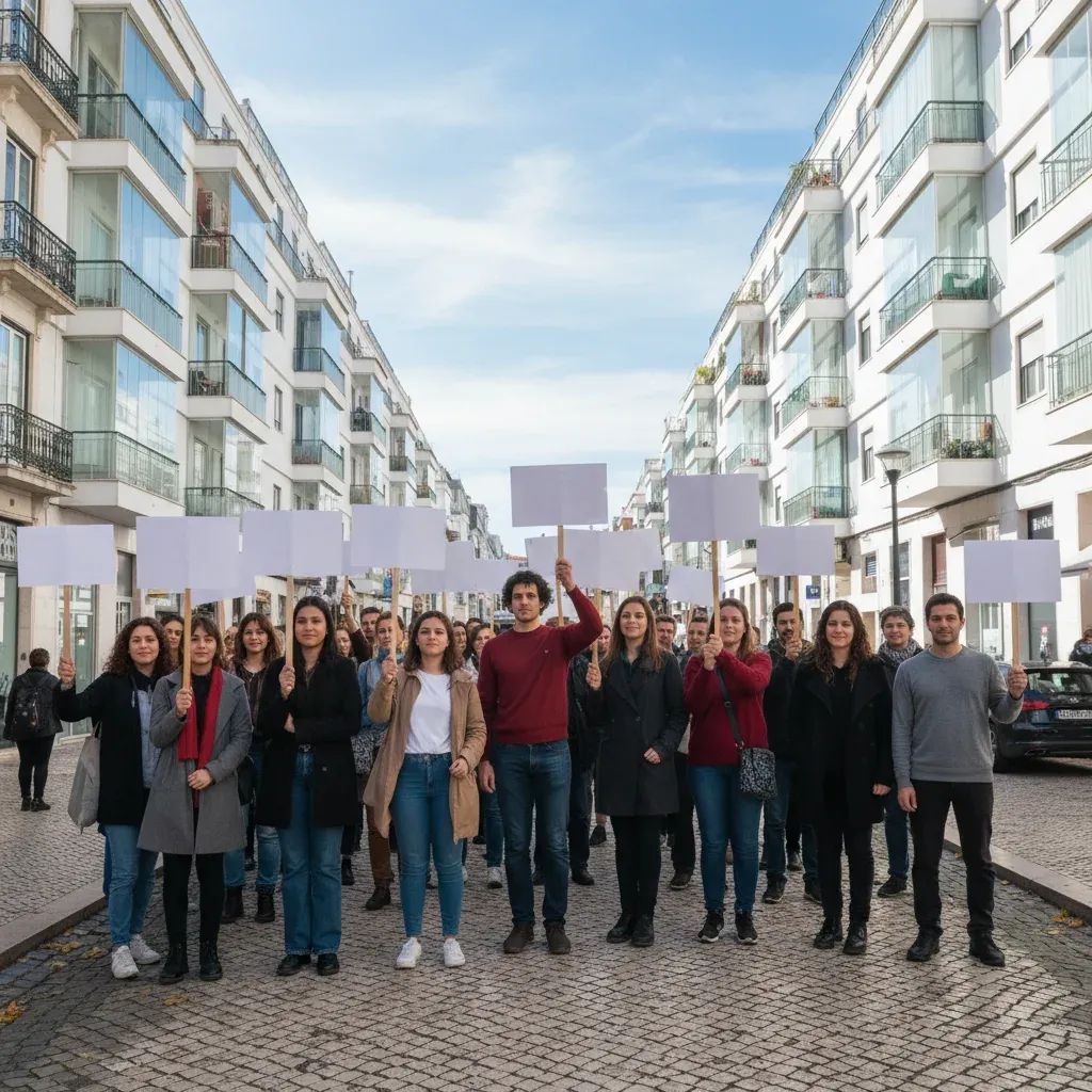Protesters marching in Portuguese city streets during housing affordability demonstration