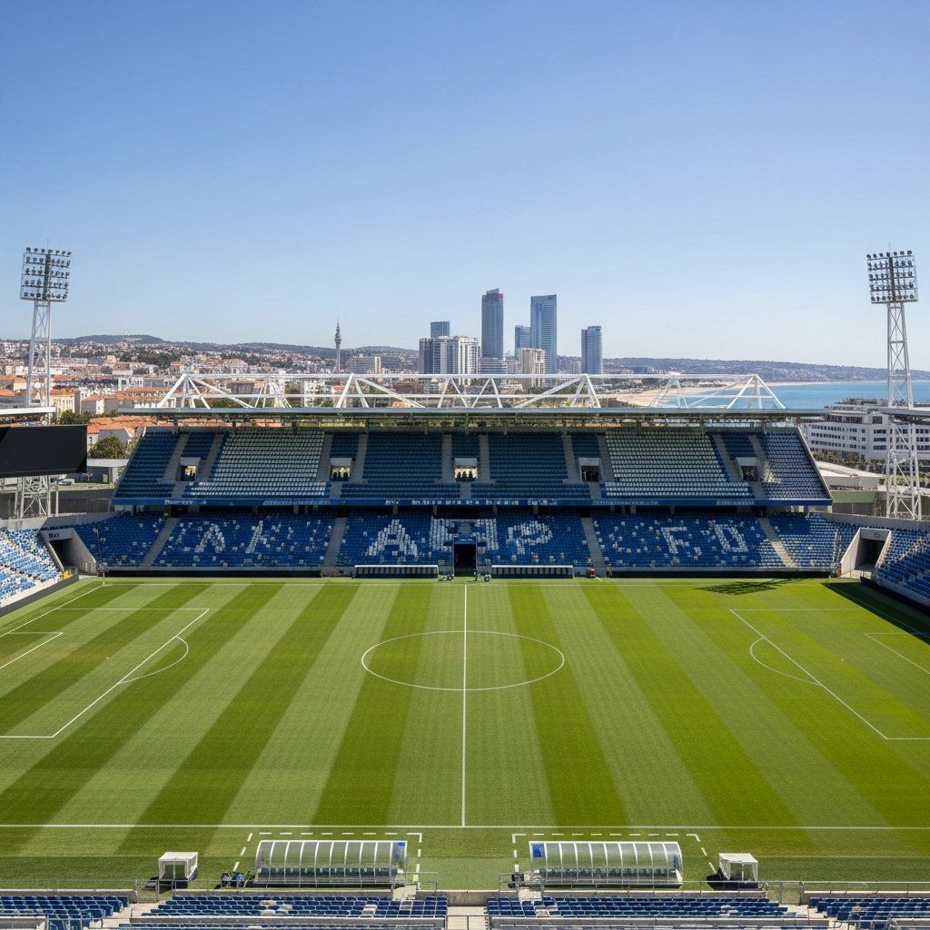 Empty modern Portuguese football stadium with green pitch and coastal city skyline