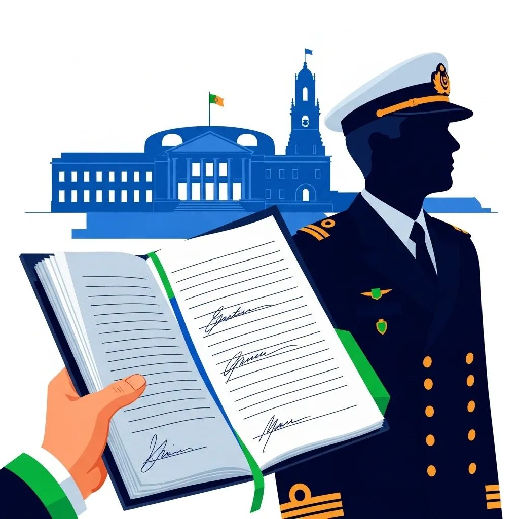 Illustration of a signed manifesto next to a naval officer silhouette and parliament building outline