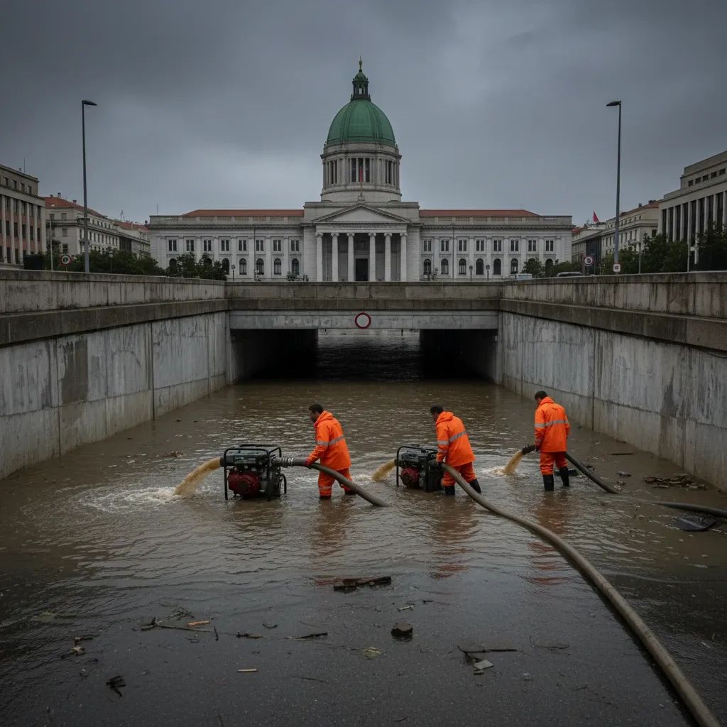 Workers pumping floodwater from a storm-hit Portuguese street near a government building