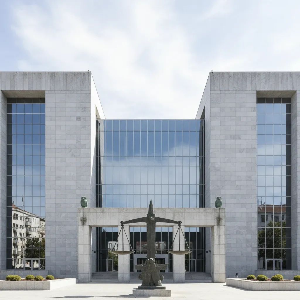 Formal courthouse exterior representing Portuguese criminal justice system and domestic violence prosecution