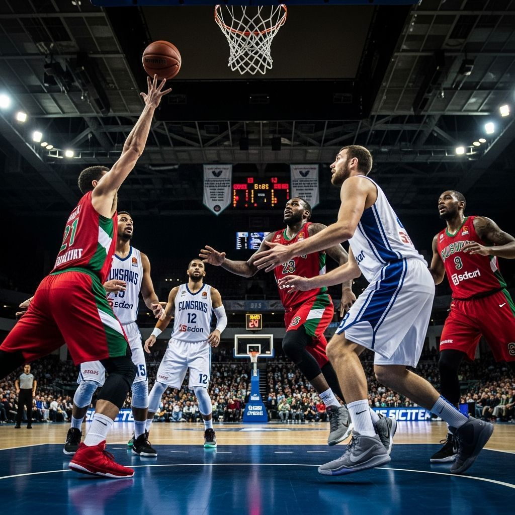 Portuguese basketball players in red and green jerseys competing in an indoor game