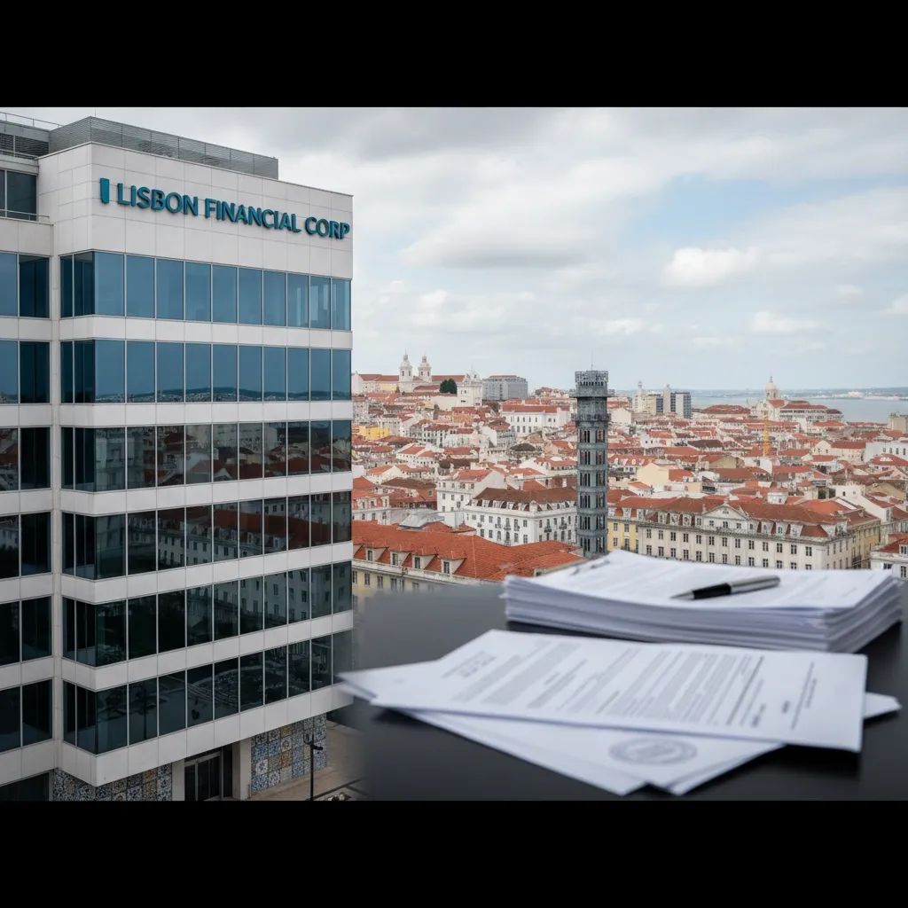 Lisbon bank building with legal documents illustrating financial crime investigation and money laundering case