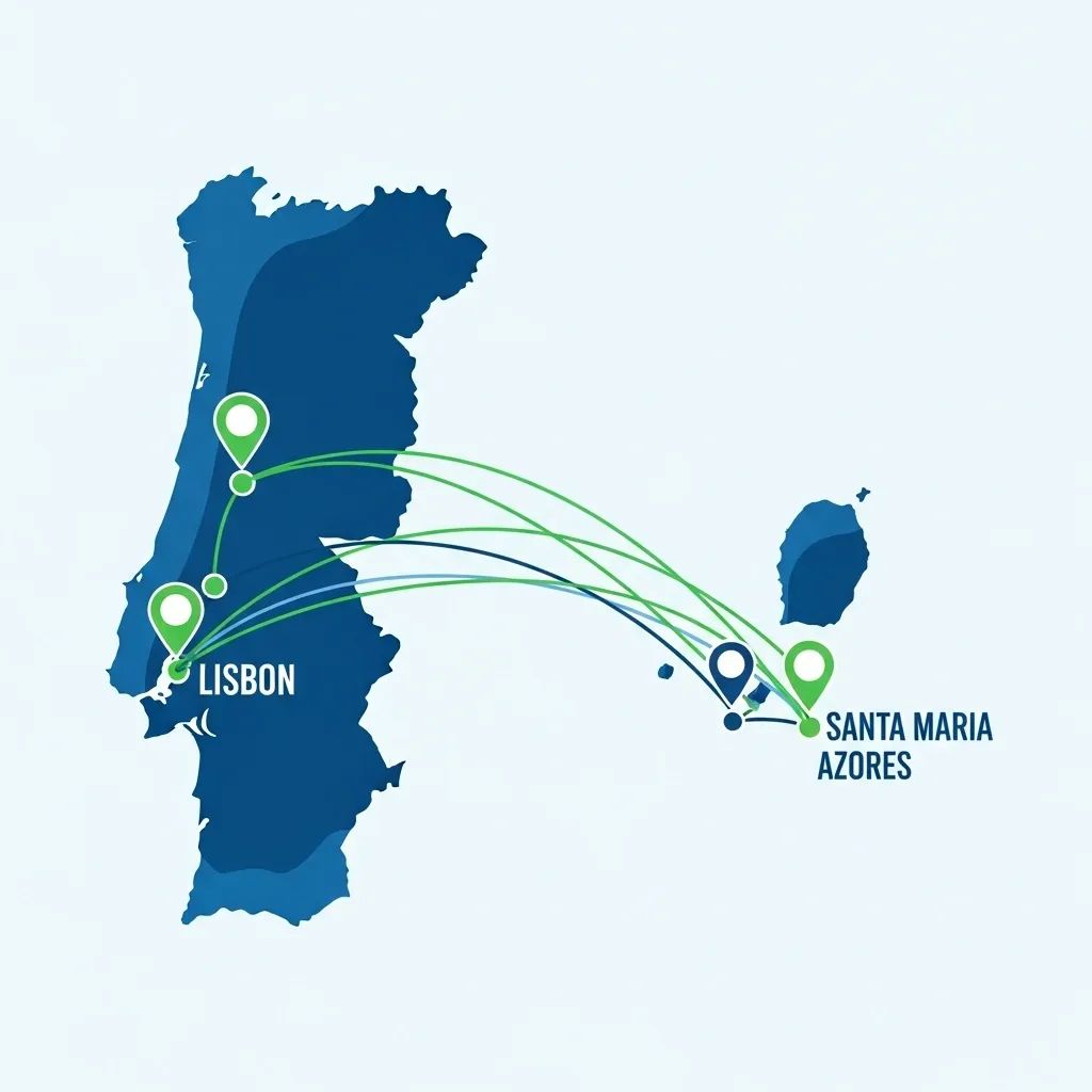 Stylized infographic map of Portugal and the Azores showing flight paths to Santa Maria island