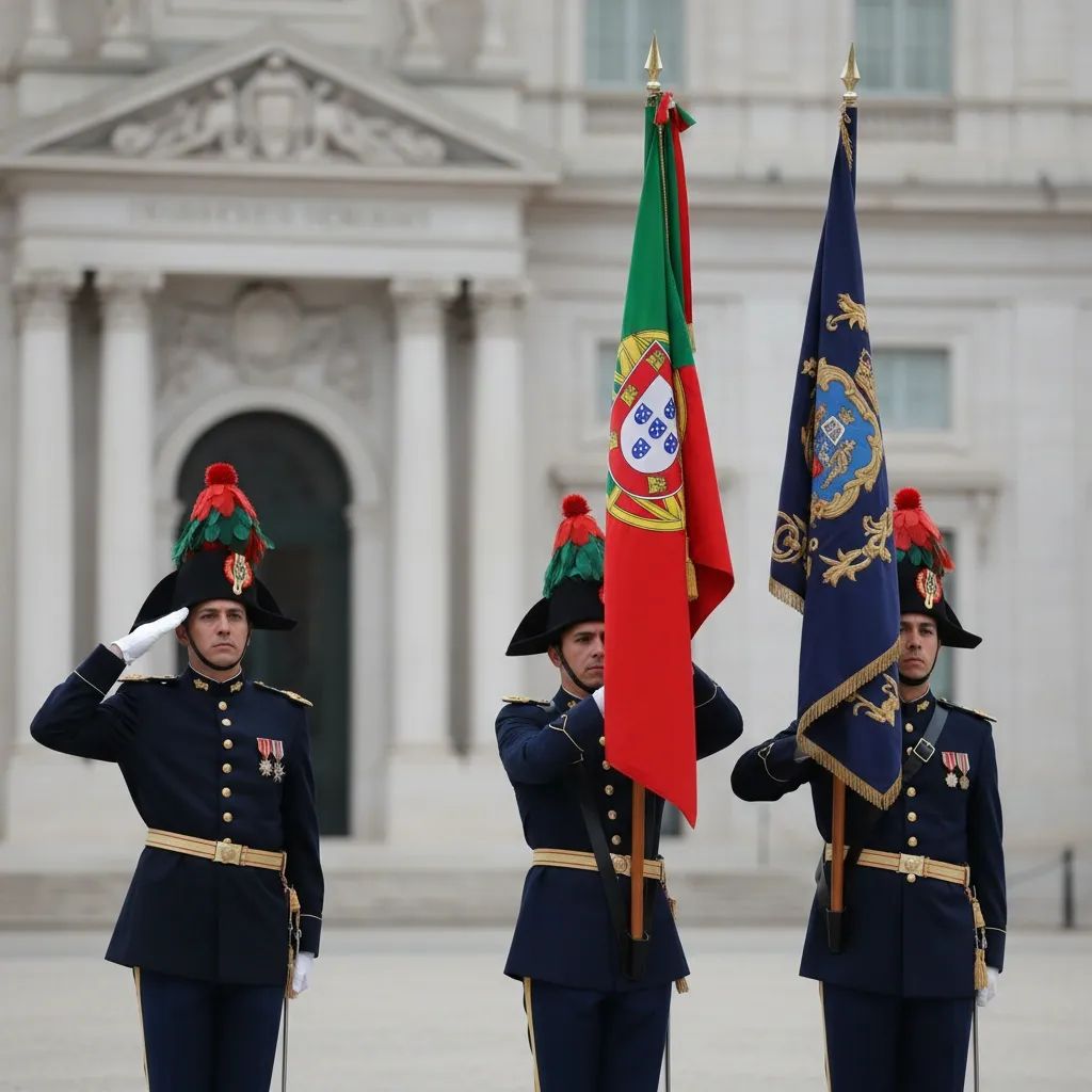 Portuguese military officers in ceremonial uniforms during formal institutional gathering