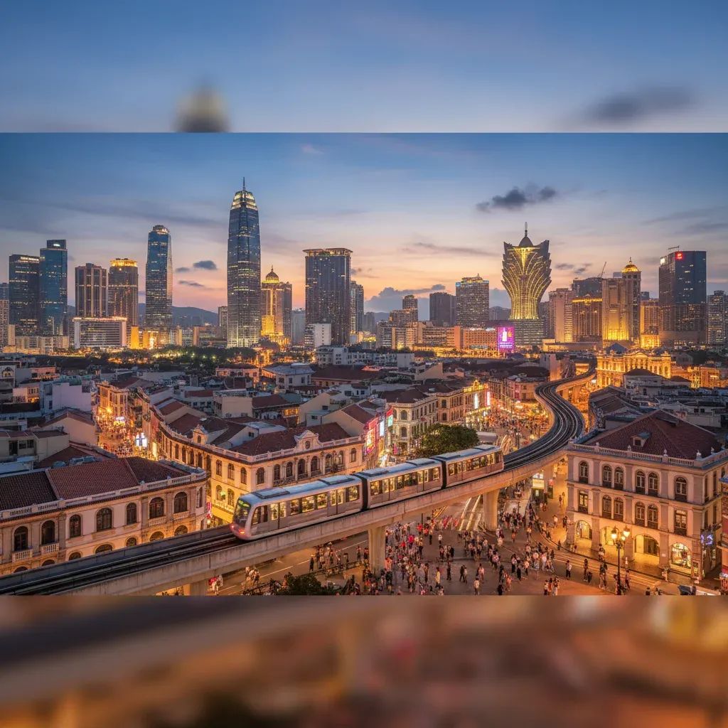 Macau cityscape crowded with tourists and modern infrastructure including light rail transit system