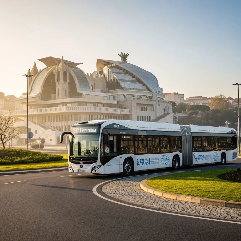 Hydrogen-powered metrobus circling Boavista roundabout near Casa da Música in Porto