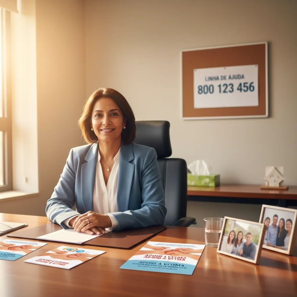 Support counselor in victim assistance office, representing available help for domestic violence survivors in Portugal