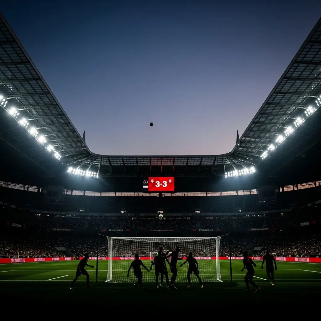 Floodlit Portuguese football stadium at dusk with players contesting near goal and scoreboard reading 3-3