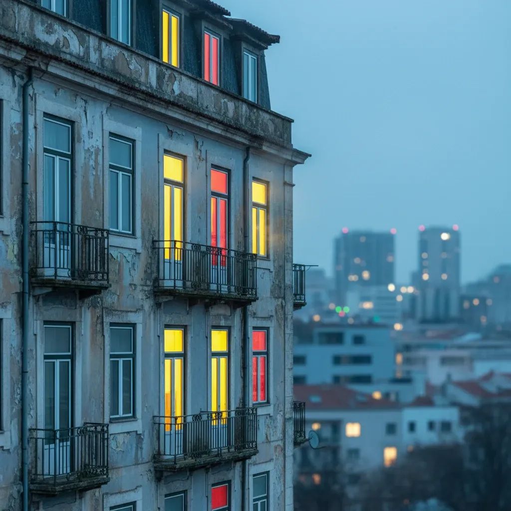 Older Portuguese building showing heat loss and energy inefficiency with thermal imaging visualization