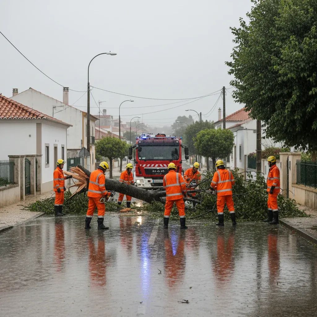 Emergency crew clearing fallen tree and debris from a flooded Portuguese road during storm Leonardo