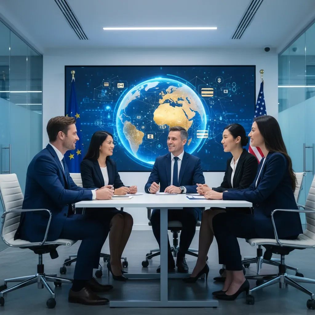 European officials discussing digital sanctions and financial sovereignty during diplomatic meeting