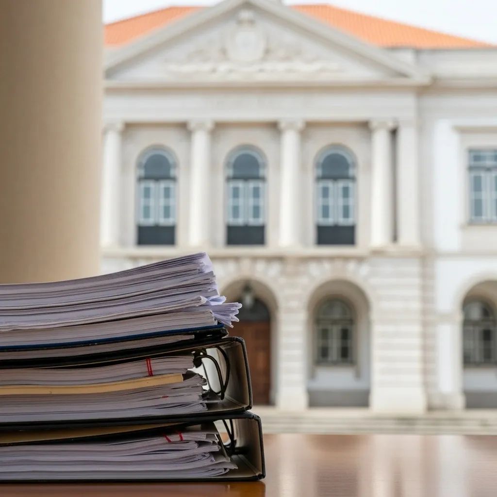 Stack of legal documents with a Portuguese courthouse facade in soft focus behind