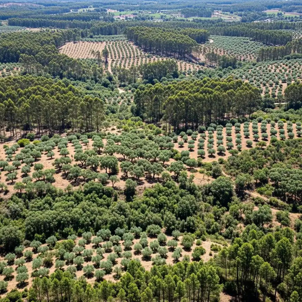 Aerial view of mixed Portuguese forest with cork oaks, pine stands, and olive groves