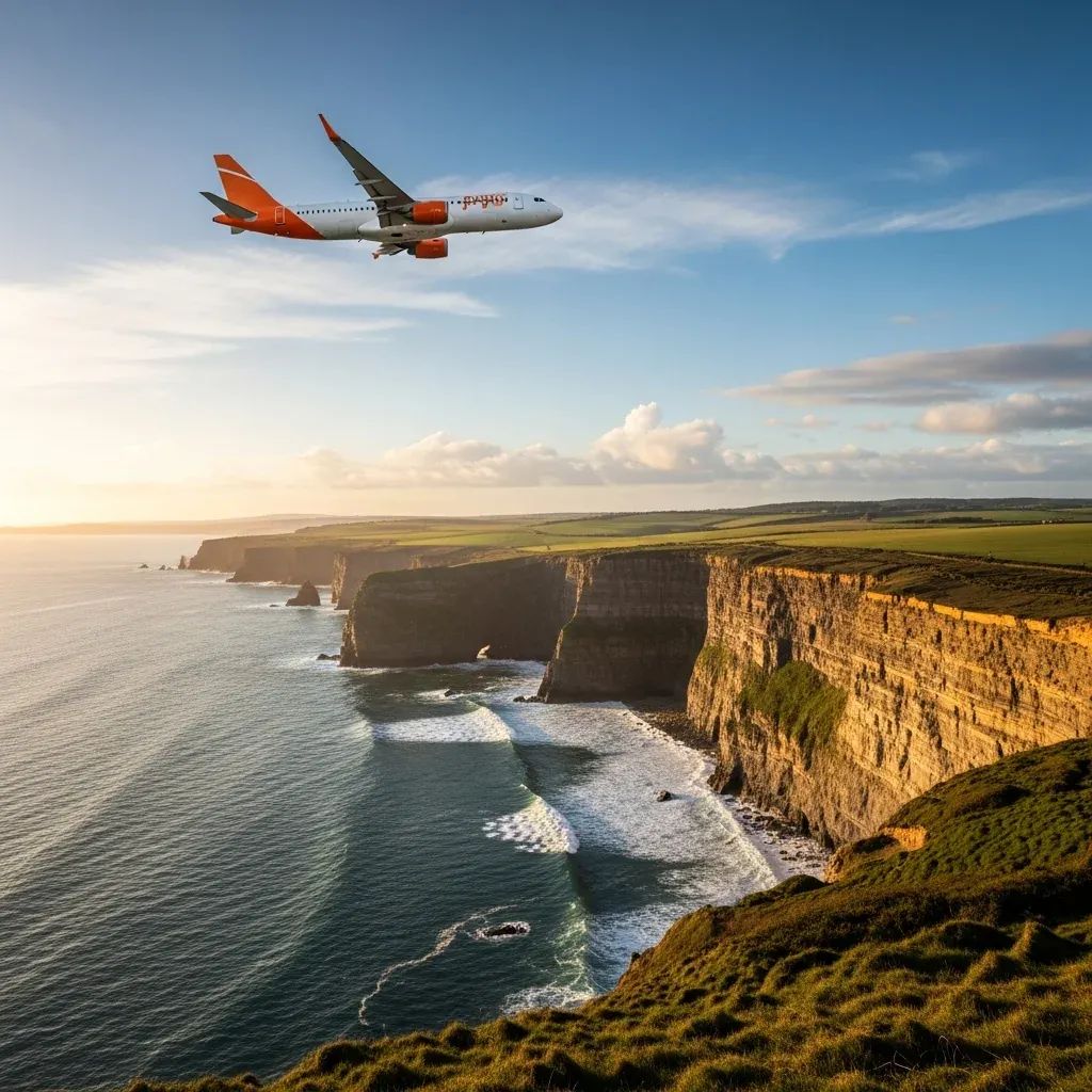 Passenger jet flying over Portuguese Atlantic coastal cliffs under a sunny sky